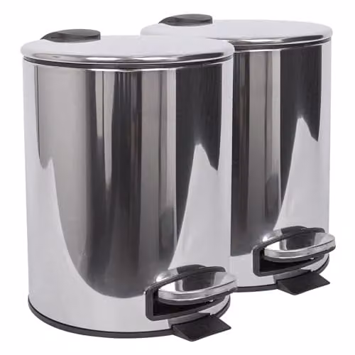 Harbour Housewares Pack of 2 Silver Stainless Steel Round Pedal Bins with Removable Inner Bucket, 5L