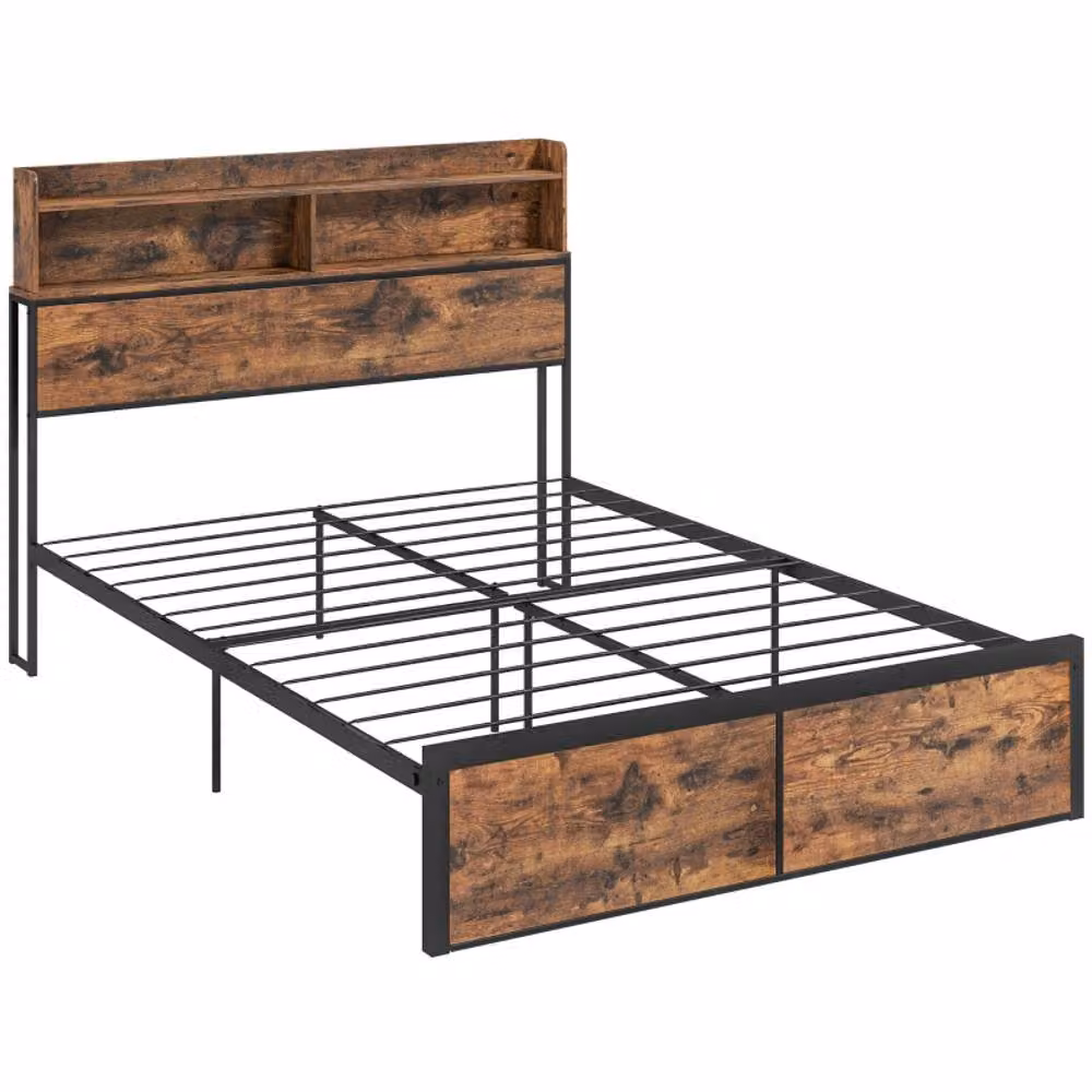 STILVORA Industrial Double Bed Frame with Storage Headboard and Side Compartments in Brown and Black, W/D/H: 140 x 200 x 137 cm – 4