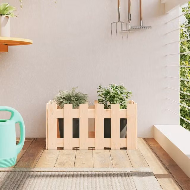 Berkfield Home Garden Planter with Fence Design in Brown and Beige, Solid Wood and Plastic, W/D/H: 60 x 30 x 30 cm