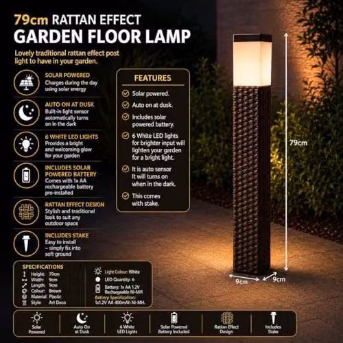 Spot On Dealz Solar Powered Brown Rattan Outdoor Floor Lamp with 6 LED Lights, Height: 79 cm – 3