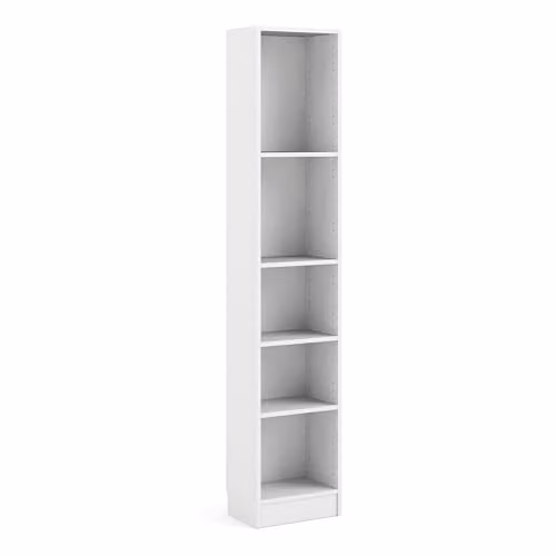 Furniture To Go Basic Tall Narrow Bookcase in White with 4 Adjustable Shelves, H 203.2 cm x W 40.6 cm x D 26.75 cm