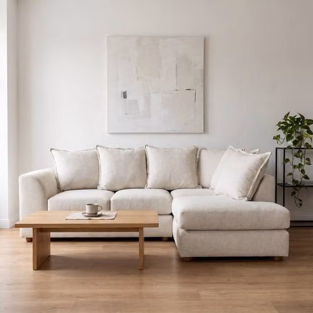 Abakus Direct Dexter Relaxed Linen Corner Sofa, Right Facing L-Shape with Plush Chaise in Beige
