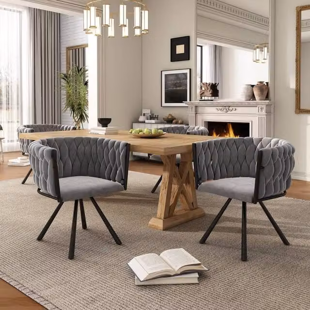 Rolipo Set of 4 Grey Velvet Swivel Dining Chairs with Metal Legs
