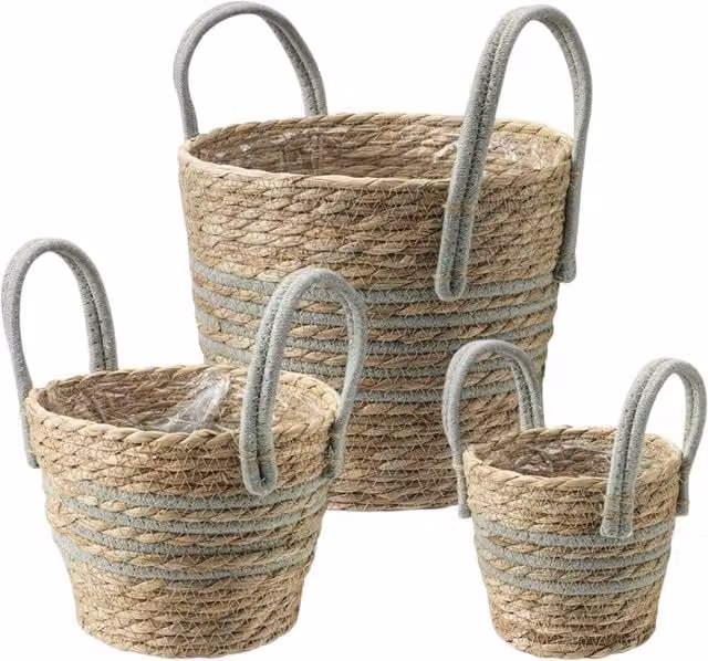 Kingsbury Gifts Woven Seagrass Planter Basket with Sage Green and Beige Stripes, Diameter: 23 cm