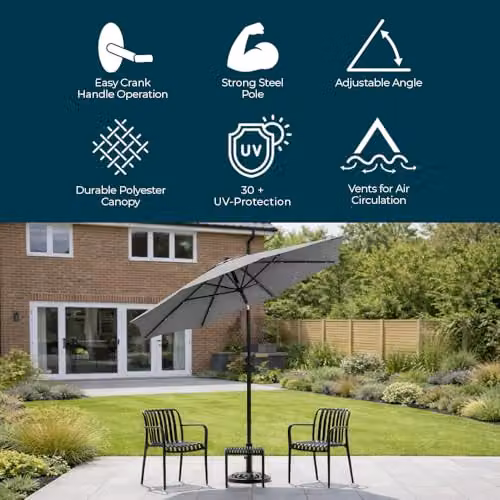 Jack Stonehouse JSH 2.7m Straight Garden Parasol in Grey with UPF 50+ Protection and Tilt Function – 3
