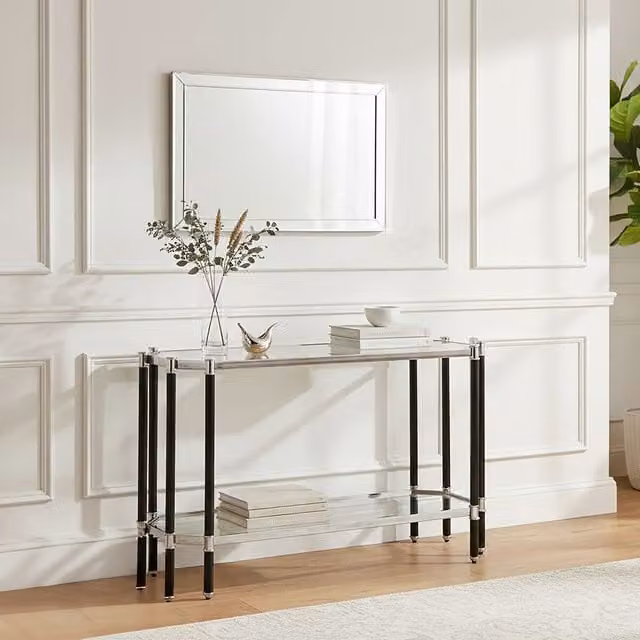 Orsina Contemporary Silver Metal and Glass Console Table with Black Legs, W: 125 cm, D: 45 cm, H: 76 cm – 1