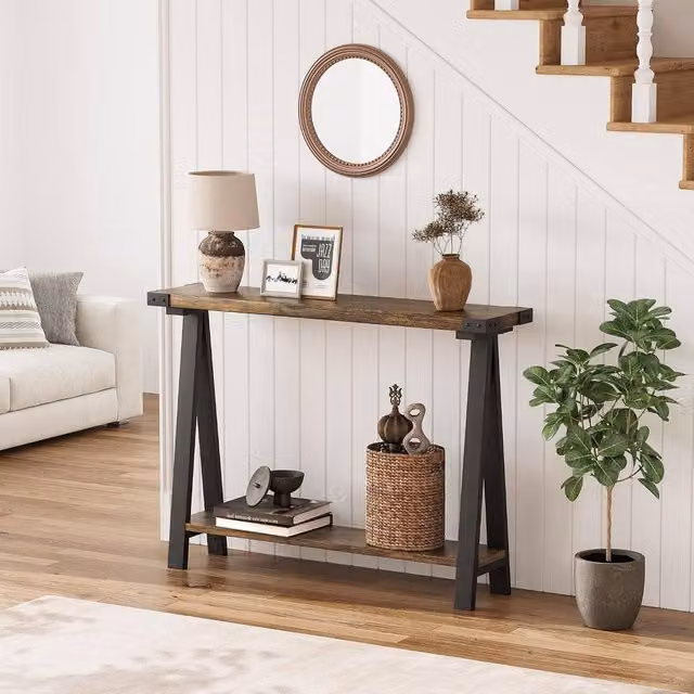 London Boutique 2-Tier Narrow Console Table with Shelf in Brown – 1
