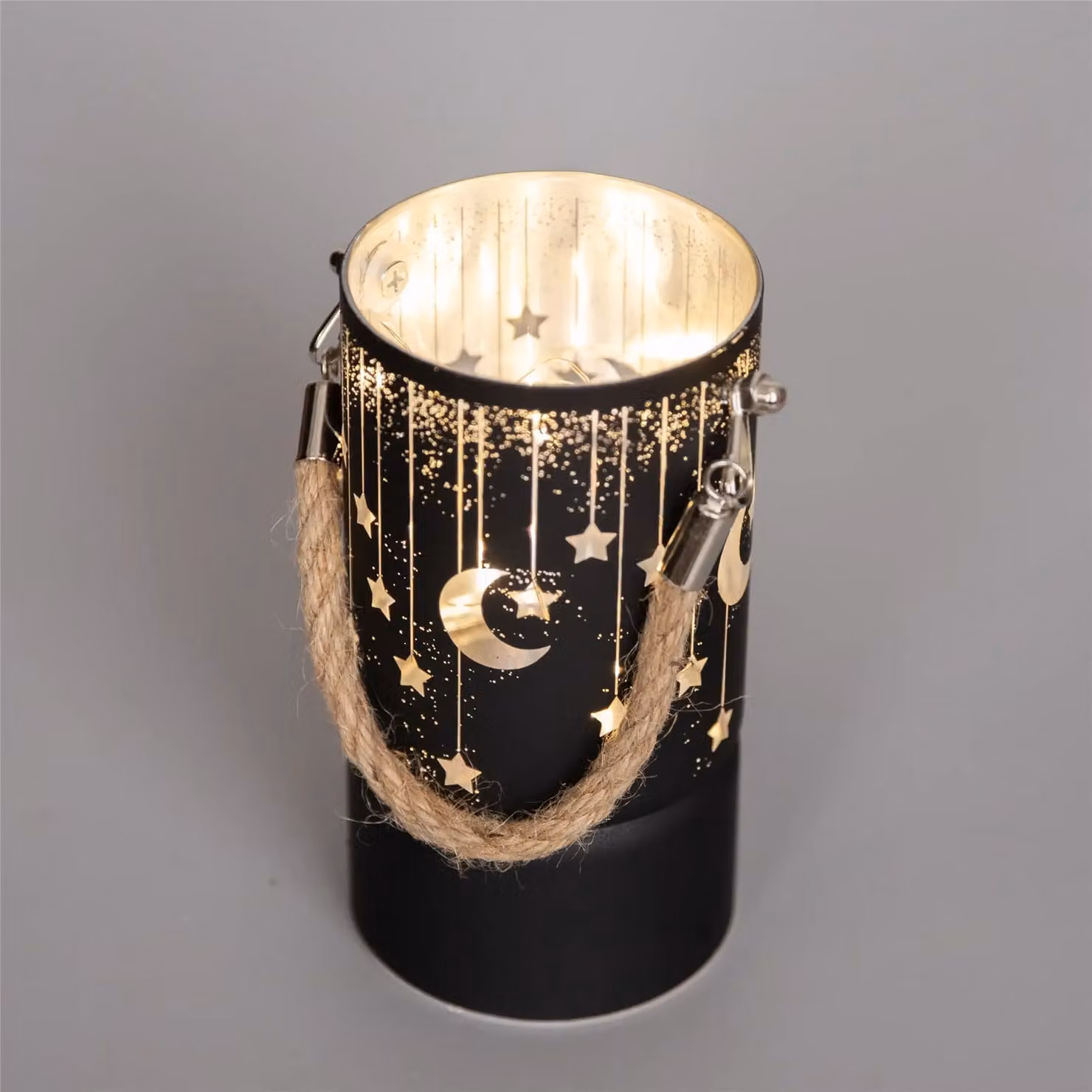 Shatchi Black and Gold Christmas Decorated LED Glass Lantern Vase with Moon and Stars Design, Height: 22 cm – 6