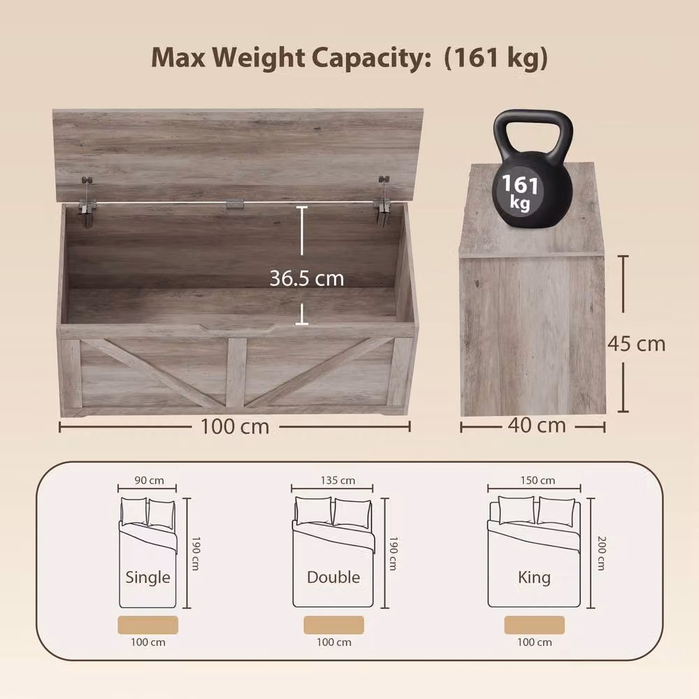 STILVORA Grey Rustic MDF Storage Box with Safety Hinges, W/D/H: 100 x 40 x 45 cm – 2