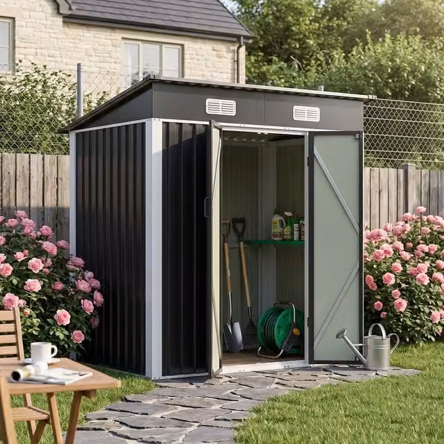Breeins Modern Steel Garden Storage Shed with Pent Roof and Double Doors, Black and White, W/D/H: 182.88 x 121.92 x 182.88 cm