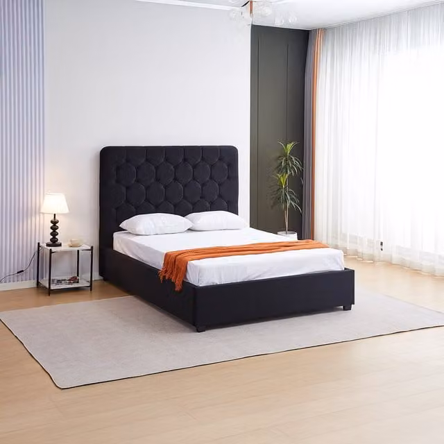 Seconique Madison Ottoman Double Bed in Black Velvet with Lift Up Base and Geometric Upholstered Frame