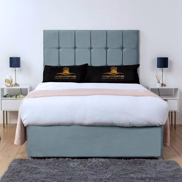 UK Bed Furniture Florence Divan Bed Base with 26 Inch Headboard in Light Blue Velvet, Super King, W/D/H: 200 x 200 cm
