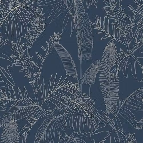 Grandeco Galapalos Sketch Leaf Sprig Foliage Blown Vinyl Wallpaper, Navy Blue and Green