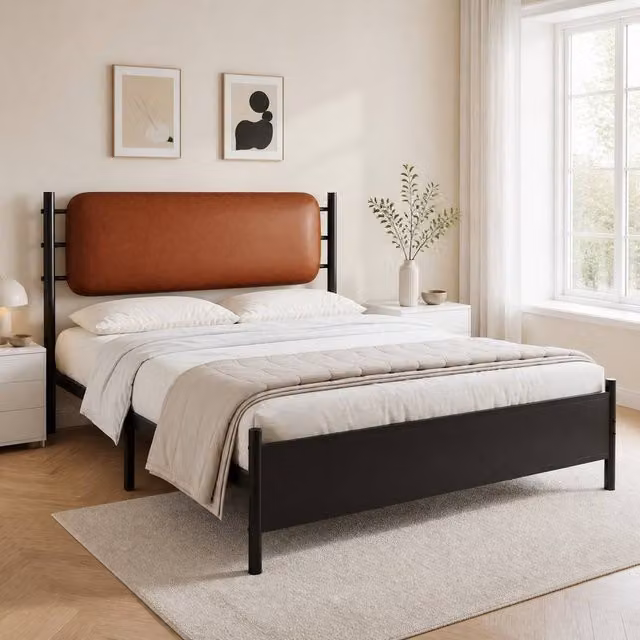STILVORA Double Metal Bed Frame with Black PU Leather Headboard, W/D/H: 140 x 200 x 102.5 cm