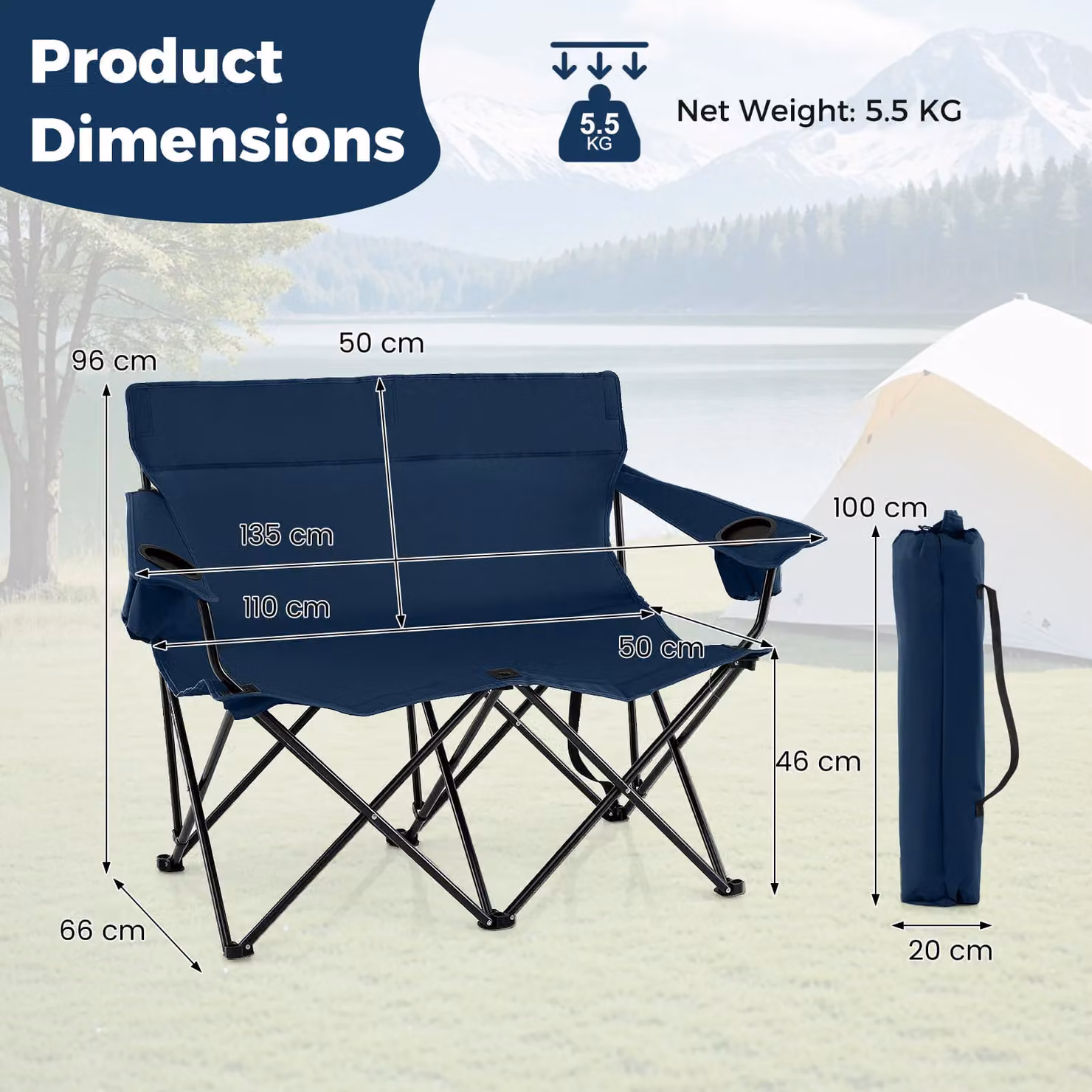 Gymax Oversized Double Camping Chair for 2 Adults in Blue with Metal Frame and Cup Holders – 2