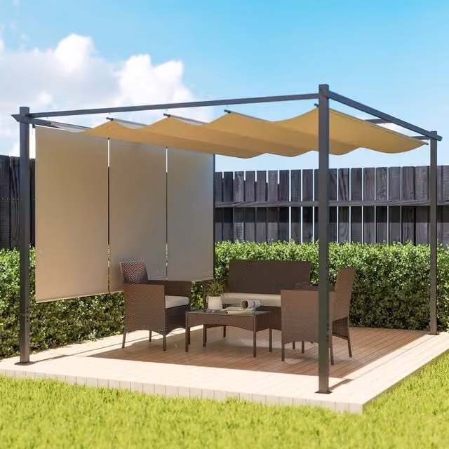 Outsunny Metal Pergola with Retractable Roof and Roller Shade, Beige, W: 400 cm, D: 300 cm