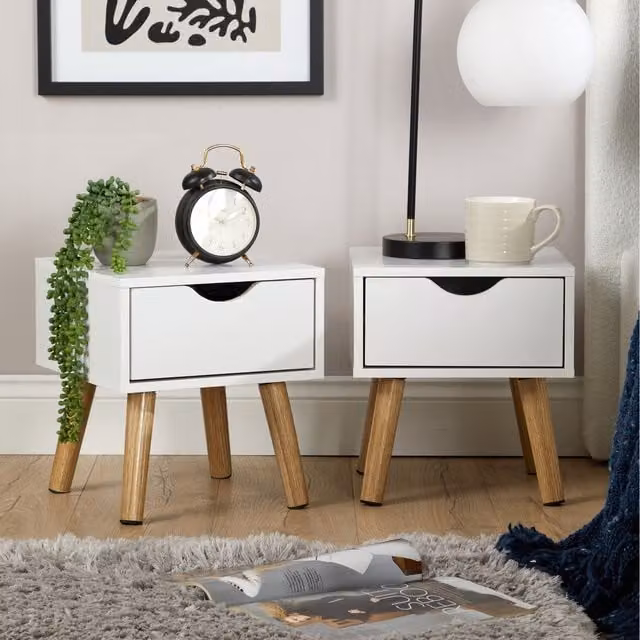 Home Source Boden Pair of 1 Drawer Bedside Table Storage Units in White Oak Wood