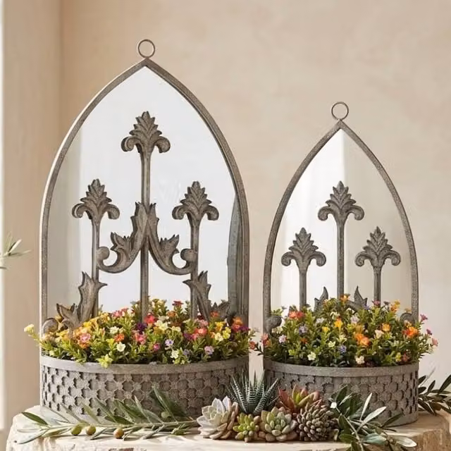 Minster Stylish Living Ltd Set of 2 Grey Metal Wall Mounted Planters with Mirror, W: 45 cm, H: 62 cm, D: 15 cm