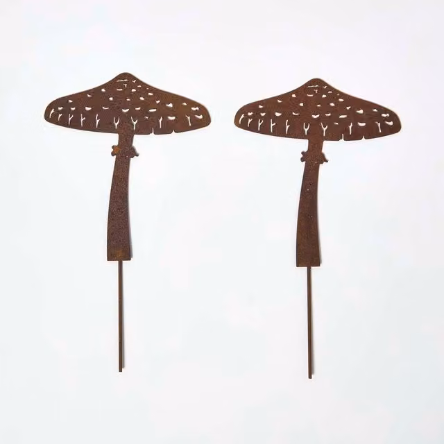 Homescapes Set of 2 Brown Steel Mushroom Garden Stake Decorations