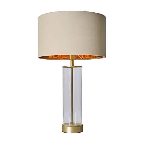 ValueLights Balan Glass and Gold Table Lamp with Beige Cylinder Shade