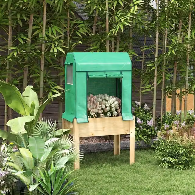 Outsunny Raised Garden Bed with Plastic Greenhouse Cover and Bed Liner in Natural and Green