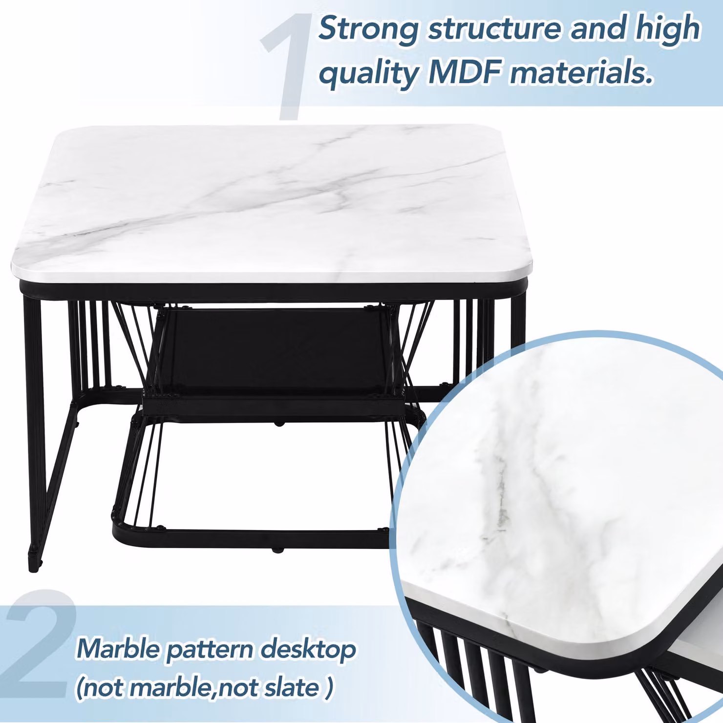Aosom.UK 2 Piece Multi-functional Coffee Table Set with White Marble Pattern Top and Metal Frame, W/D/H: 65 x 65 x 45 cm – 3