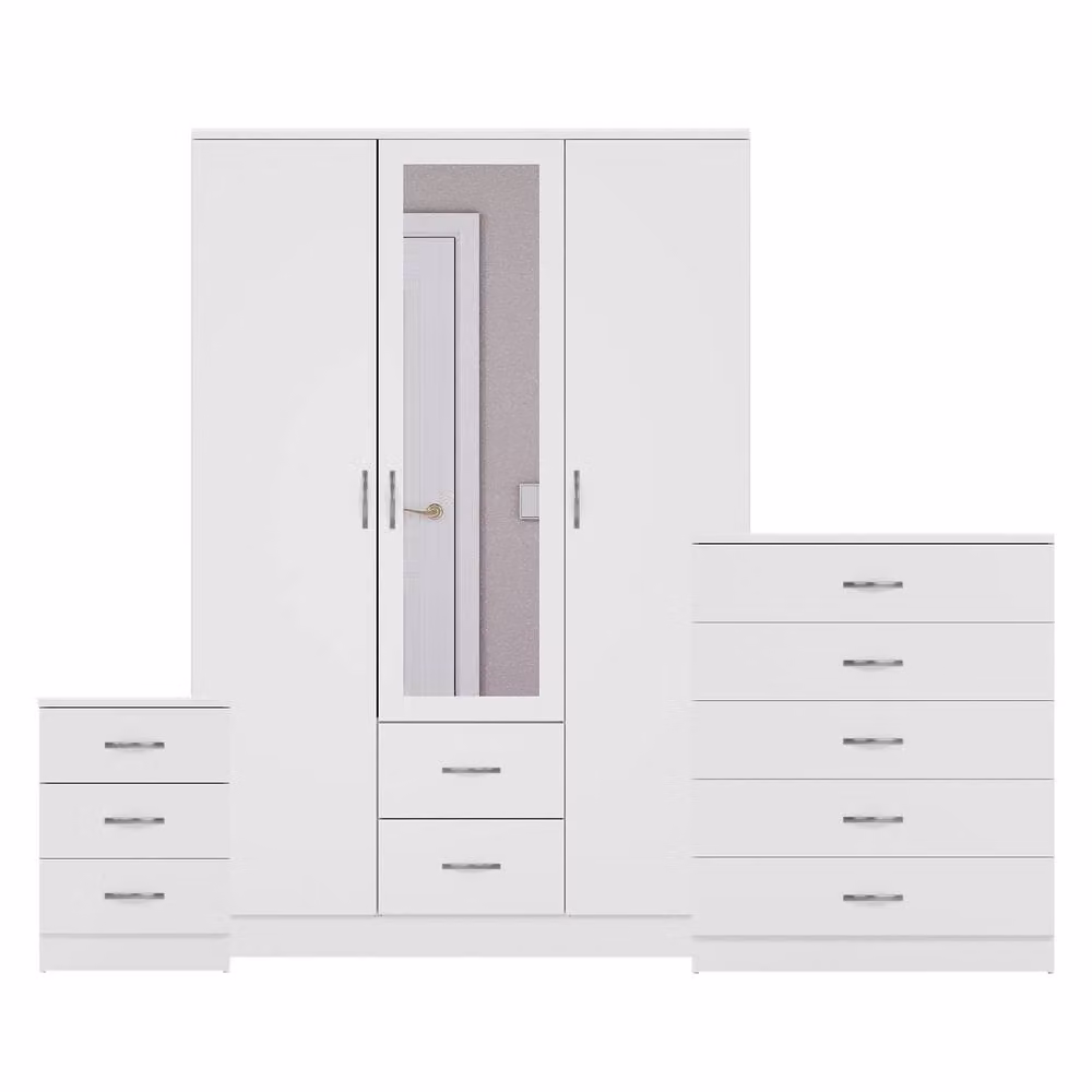 Vida Designs 3-Piece Modern White Bedroom Set including 3 Bedside Tables, 5-Drawer Chest and Mirror Wardrobe – 2