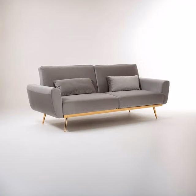 Interiors by Premier Orsina Mid-Century Velvet 2 Seater Sofa Bed in Grey with Gold Accents and Scatter Cushions – 1