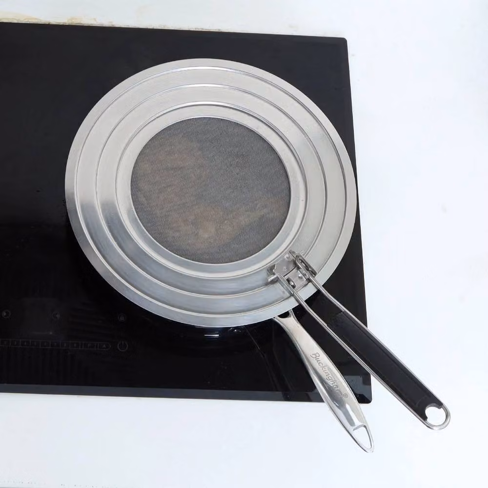 VOGREX Stainless Steel Round Mesh Splatter Screen with Folding Handle in Silver, Diameter: 30 cm – 3