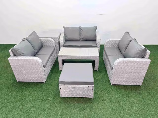 Fimous 7 Seater PE Wicker Rattan Garden Furniture Set in Light Grey with Oblong Coffee Table, 2 Seater Love Sofa, Big Footstool and Side Table