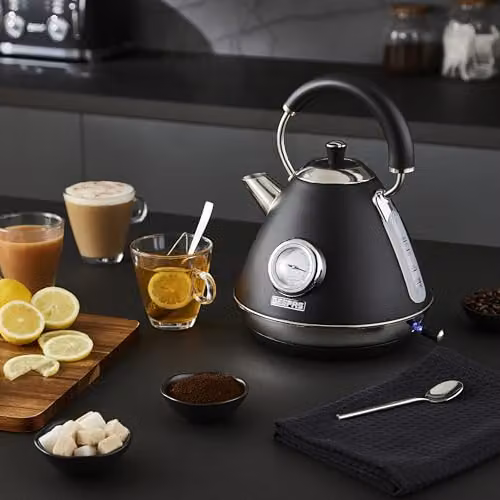 Geepas Retrovive Black Kitchen Combo Set including 1.7L Electric Kettle, 4 Slice Toaster and 20L Digital Microwave Oven – 5