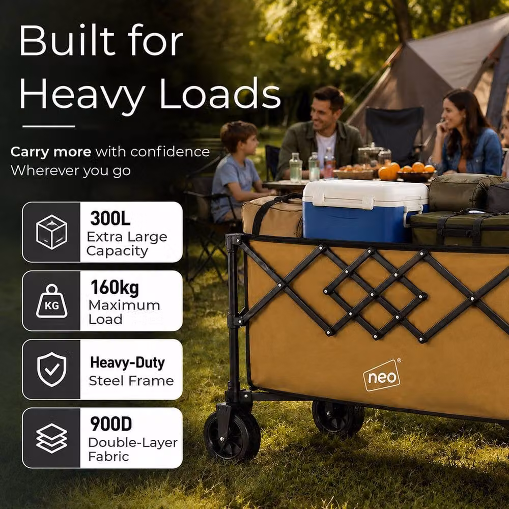 Neo XL Heavy Duty Folding Wagon Cart with Adjustable Handle, 300L Capacity, Khaki – 3