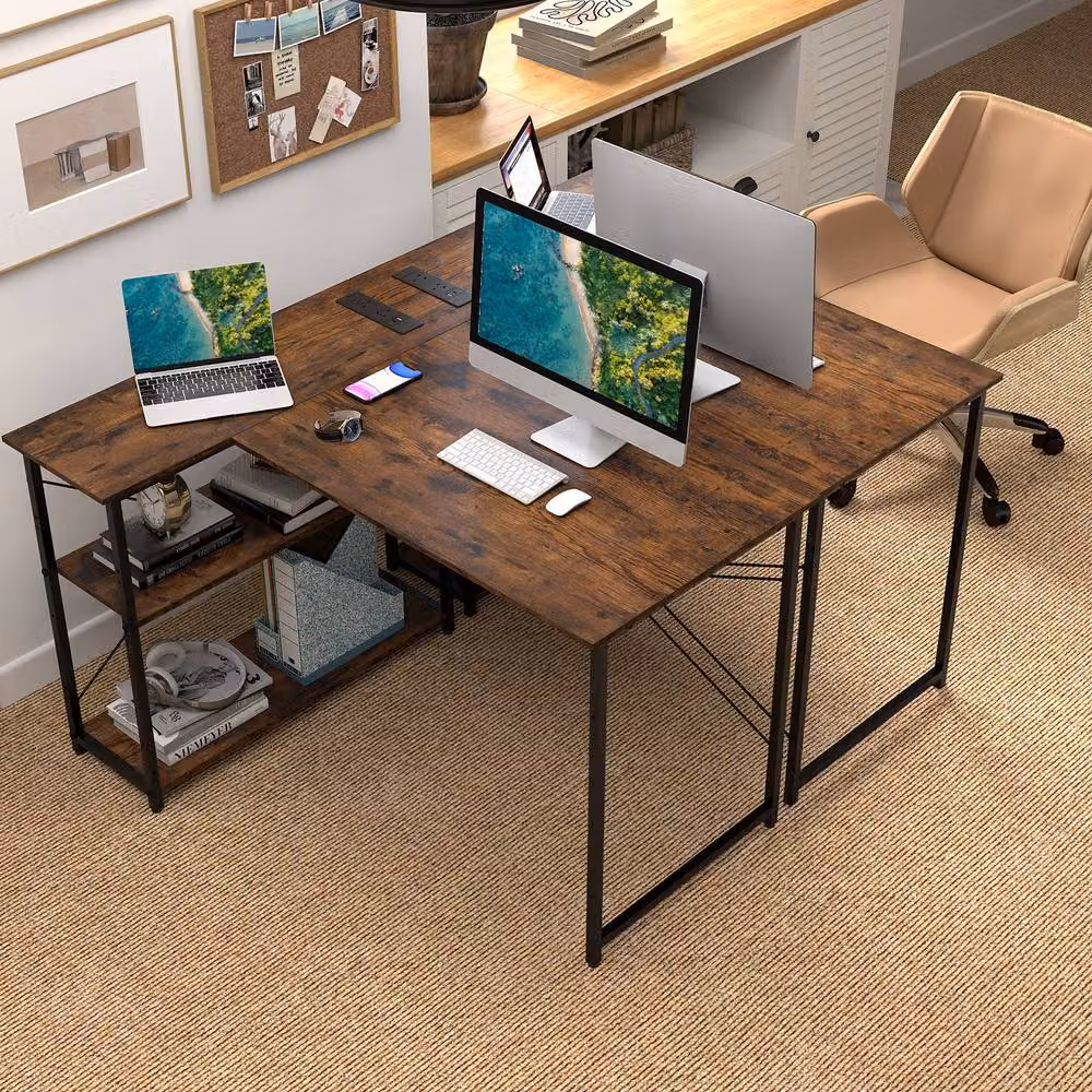 Costway L-shaped Corner Computer Desk with Power Outlet and Reversible Shelves in Brown – 6