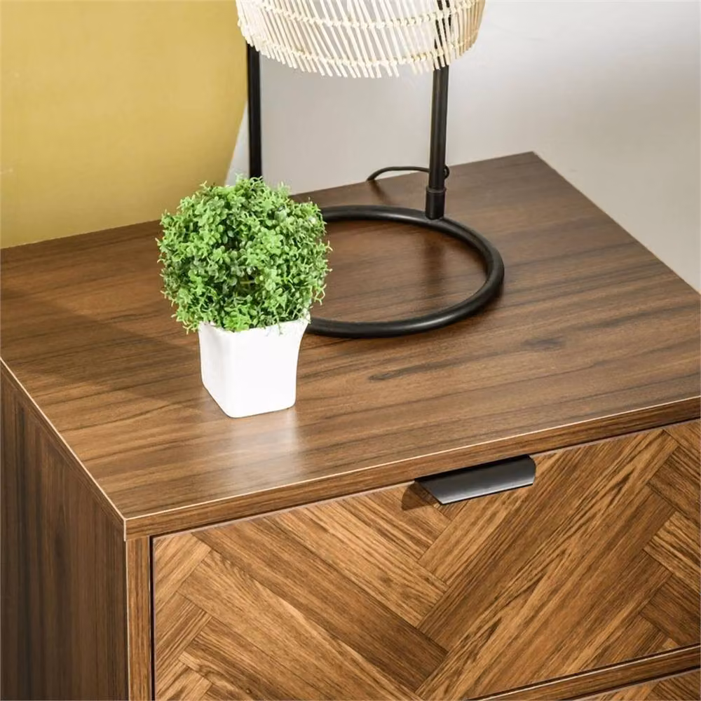 Nordara Two-Drawer Herringbone Bedside Table Cabinet in Brown, W: 39.5 cm, D: 48.0 cm, H: 61.0 cm – 3