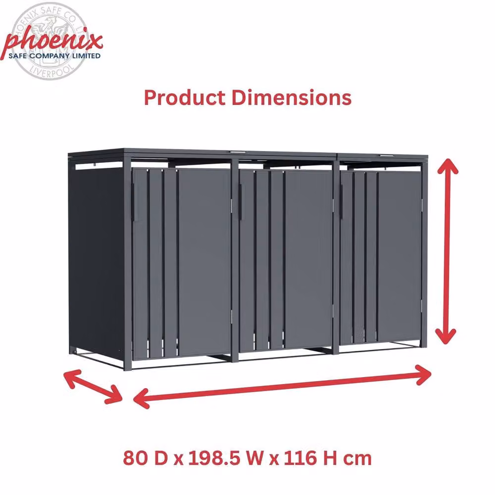 Phoenix Safe Company Anthracite Triple Wheelie Bin Store for 3 x 240L Bins, Soft Close Metal Storage, W/D/H: 80 x 116 x 80 cm – 3