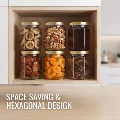 ATEK Set of 72 Hexagonal Glass Storage Jars with Airtight Lids, 180ml, Transparent – 6