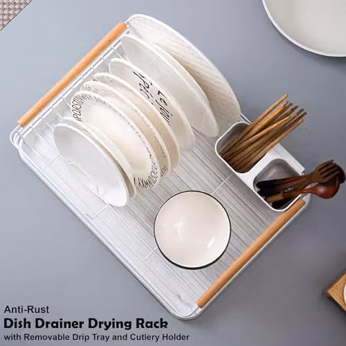 simplehuman White Steel Dish Drainer Rack with Wooden Handles, Cutlery Holder and Drip Tray – 3