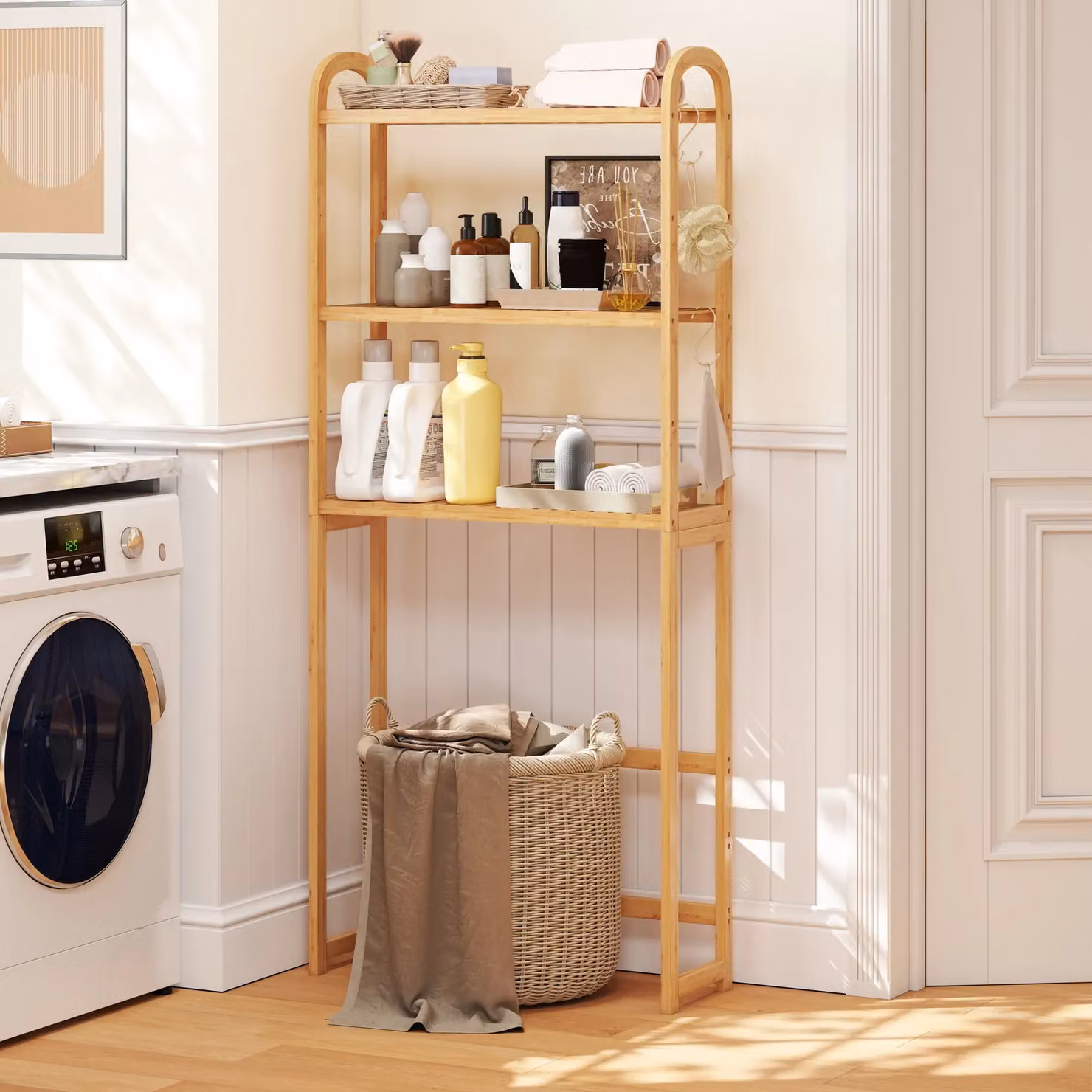 Gymax 3-Tier Bamboo Over the Toilet Storage Rack and Bathroom Organiser in Natural Light Khaki – 2