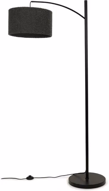 ValueLights Preto Black Metal Curved Floor Lamp with Grey Boucle Fabric Shade