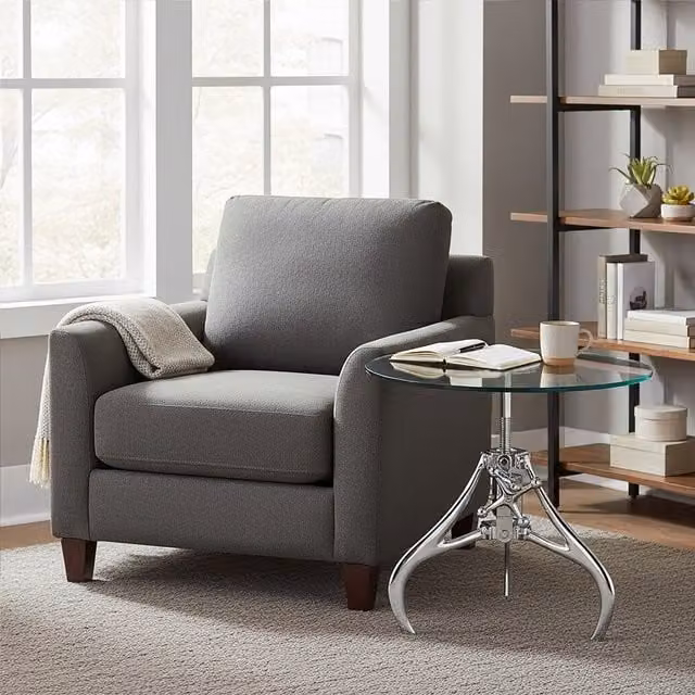 Orsina Retro Style Adjustable Height Round Metal and Glass Table in Silver and Transparent – 1