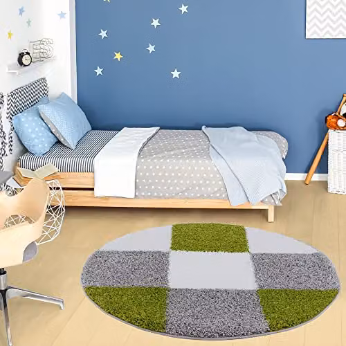 THE RUGS Modern Geometric Round Shaggy Area Rug, Green and Grey, Diameter: 120 cm
