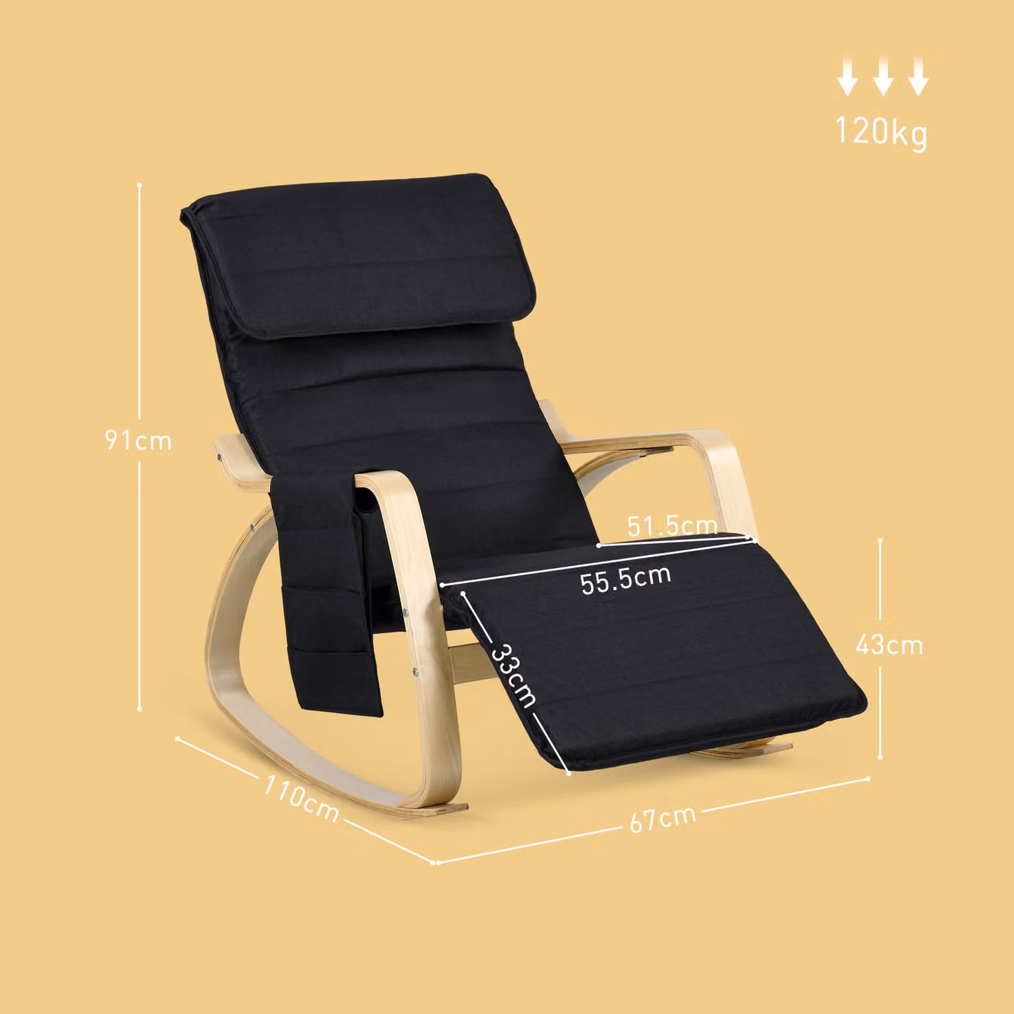 HOMCOM Black Rocking Lounge Chair Recliner with Adjustable Footrest, Side Pocket and Pillow – 3