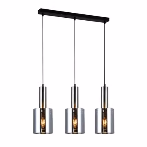 Netlighting Modern Suspended Cylinder Pendant Light with Grey Glass Shades in Black and Silver