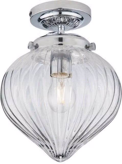 Netlighting Cheston Semi Flush Ceiling Light in Chrome with Grey Transparent Ribbed Glass Globe Shade, IP44 Rated