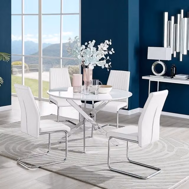 FurnitureboxUK Novara White High Gloss Round Dining Table and 4 Lorenzo Chairs Set