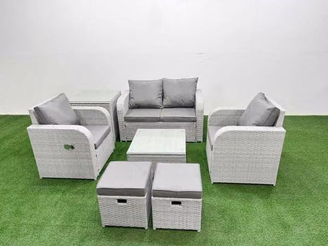 Fimous 6 Seater Grey PE Wicker Rattan Garden Furniture Set with Upholstered Cushions, 2 Seater Sofa, Lounge Armchair, Coffee Table and Ottomans