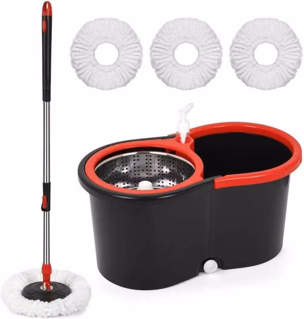VOGREX 360 Spin Mop Bucket with Wringer and 3 Microfibre Heads in Black – 1