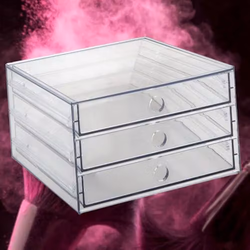 VFM 3 Drawer Makeup Organiser and Cosmetics Holder in Transparent Plastic, W: 24.8 cm, D: 26.5 cm, H: 15.2 cm – 4