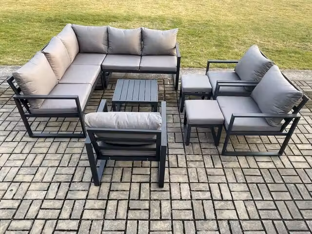Fimous 10 Seater Outdoor Aluminium Garden Furniture Set in Dark Grey with L-Shape Corner Lounge Sofa, Square Coffee Table and 2 Ottomans