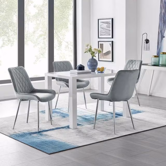 FurnitureboxUK Pivero 4 White Rectangular Dining Table and 4 Pesaro Silver Leg Chairs in Grey